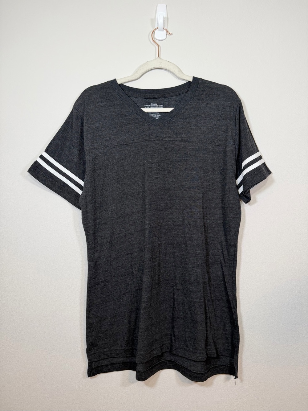 Baseball Shirt V-Neck Short Sleeve Tee White Stripes Black Heather Women XL